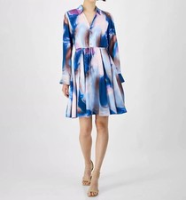 Tahari By Asl Spread-Collar Long-Sleeve Dress Indigo Multi