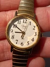 W20 Pretty Vintage Gold Tone Timex Round Face Stretch Bracelet Watch