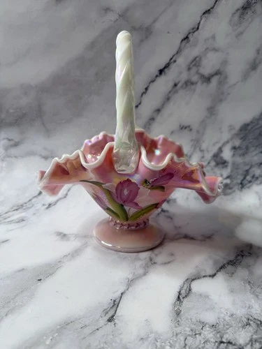 Fenton Basket  Iridescent Rosalene Hand Painted Tulips Legacy Collection - Read!