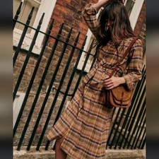 Sezane Alix in Folk Check Plaid Belted Cotton Blend Midi Shirt Dress 40 A003267