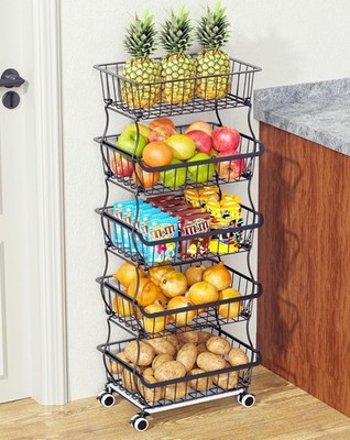 5 Tier Fruit Basket for Kitchen, Stackable Bins Wire Rack with Wheels
