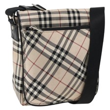 BURBERRY Nova Check Blue Label Shoulder Bag Nylon Beige Silver Auth 173694