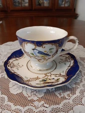VTG Grace Royal Blue Bird Coffee/Teacup & Saucer Gold Trim