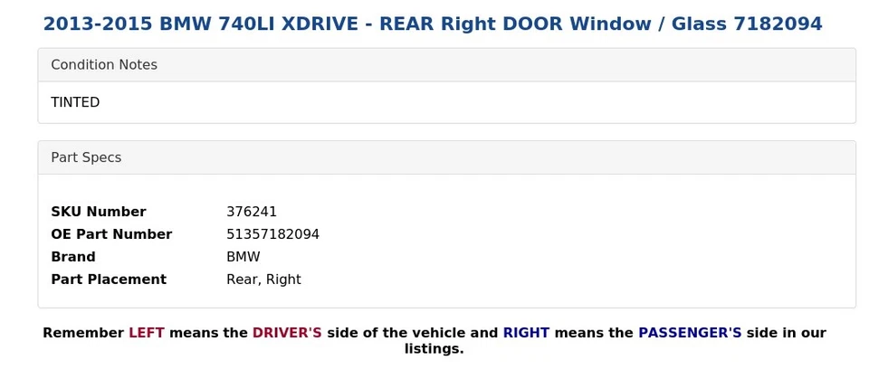2013-2015 BMW 740LI XDRIVE - заднее правое окно двери / стекло 7182094 - Изображение 3 из 4