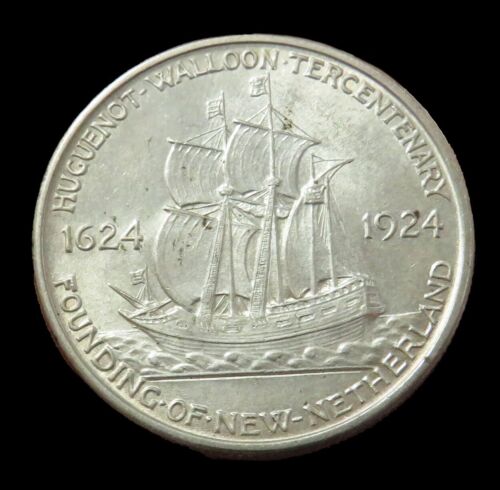 1924 SILVER HUGUENOT-WALLOON TERCENTENARY 50C COMMEMORATIVE HALF DOLLAR AU - Picture 2 of 2