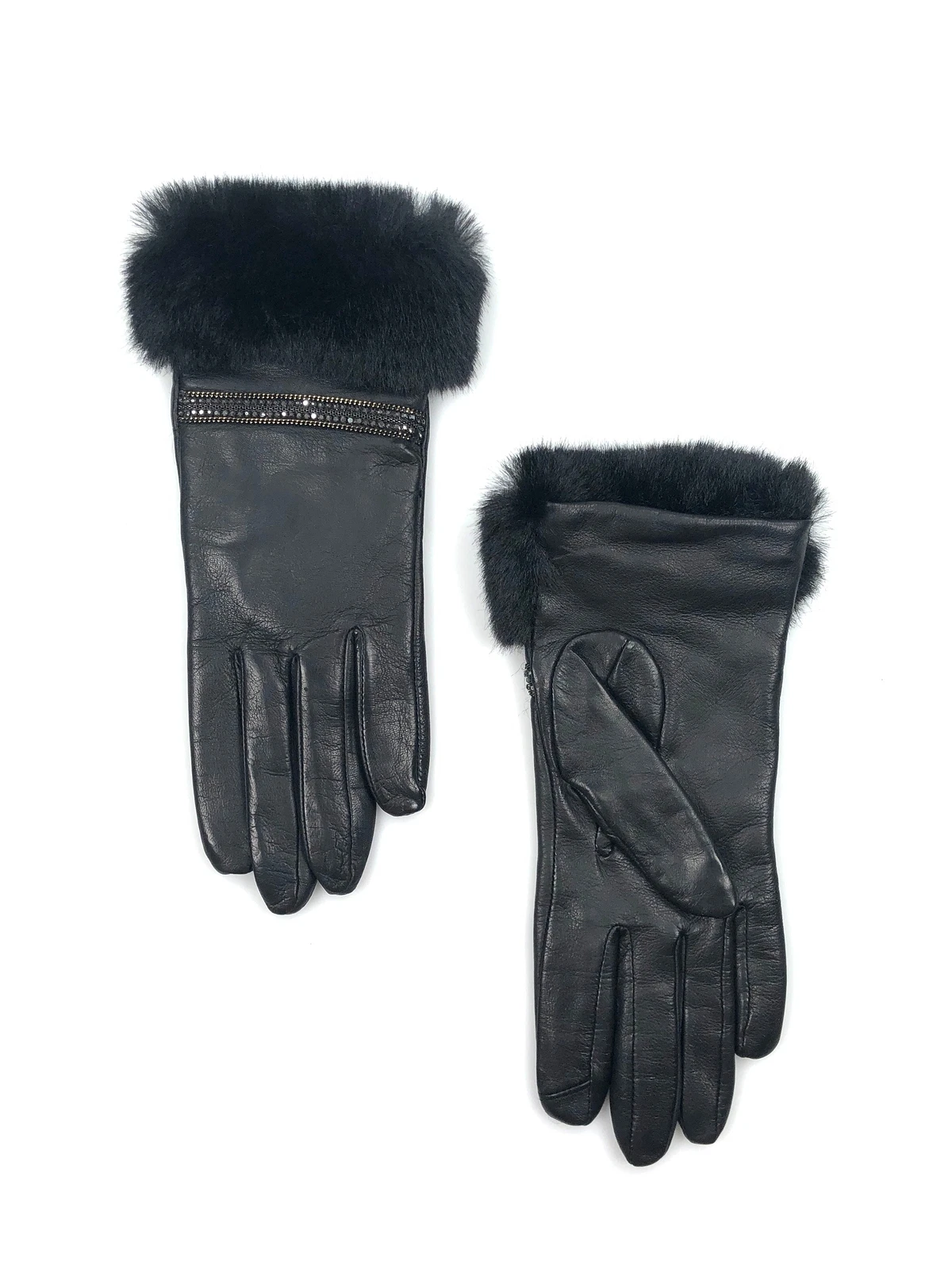 NWT AQUA FAUX FUR CUFF STRIP STUDDED LEATHER TECH GLOVES