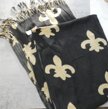 100% Pashmina Black & Gold Fleur de Lis Scarf Wrap 68" x 25" Fringed Soft