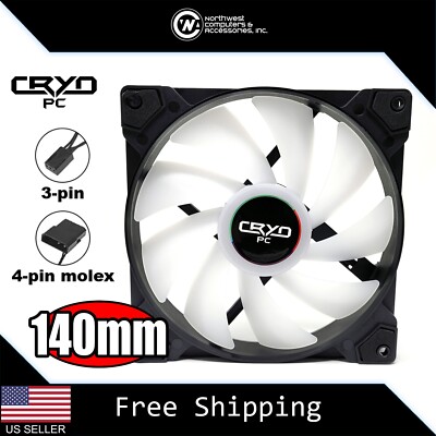 140mm x 25mm PC Cooling Case Fan 3pin + 4pin Molex, Black w/ White Blades