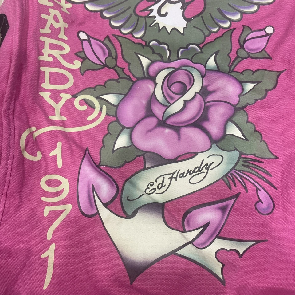 Vintage Don Ed Hardy Floral Rose Graphic Canvas Shoulder Tote Bag Purse Woman’s - Image 3 of 4