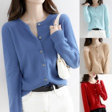Women's Blend Sweater Solid Color Crew Neck Button Cardigan Jacket Coat