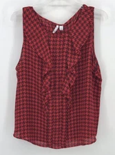 Elle Sleeveless Blouse Red & Black Houndstooth Check W/ Ruffle Front XL NWT