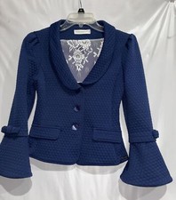 Rinascimento Italian Blue Giacca Jacket Waffle Knit Sz Small Bell Sleeve Bows