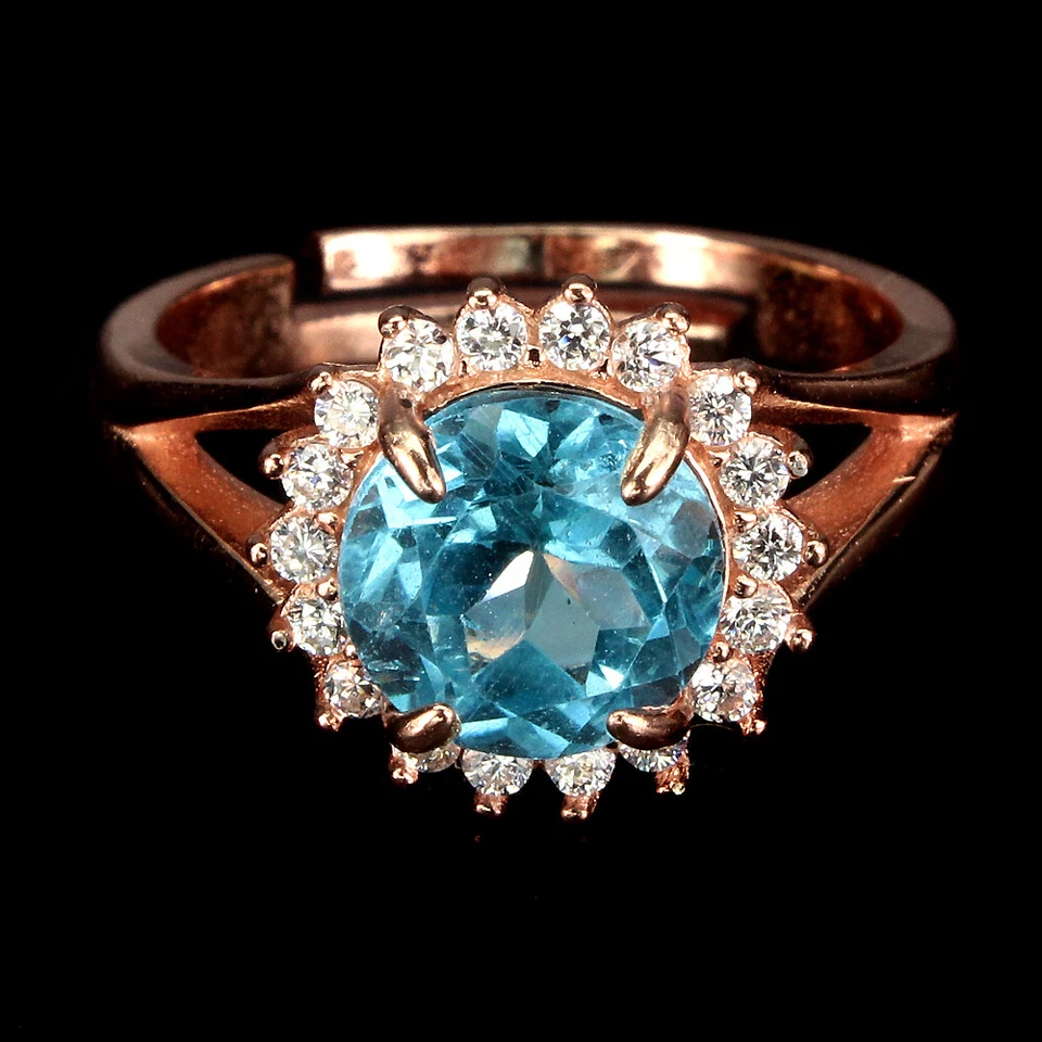 Anillo de plata de ley 925 topacio azul suizo redondo 8 mm joyas de piedras preciosas Foto 4 de 4