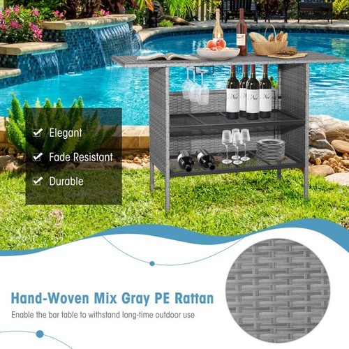 Outdoor Garden Patio Rattan Wicker Bar Height Table With Metal Storage Shelves - Picture 7 of 11