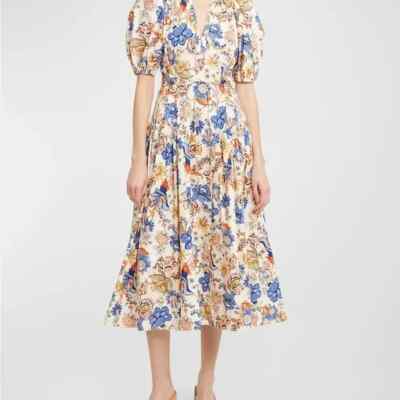 NEW Ulla Johnson Carina Floral Cotton Tie-Waist Midi-Dress Magnolia SZ 6 #D7951