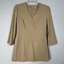 MODA Beige Tunic Top Womens Size 6 Long Sleeve V-Neck Lined Side Slits