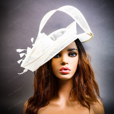Large White Fascinator Hat with Loops Feathers for Wedding Derby Tea  Party