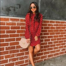 LULUS Pleat to Meet You Polka Dot Long Sleeve Dress Red Blogger Fav S