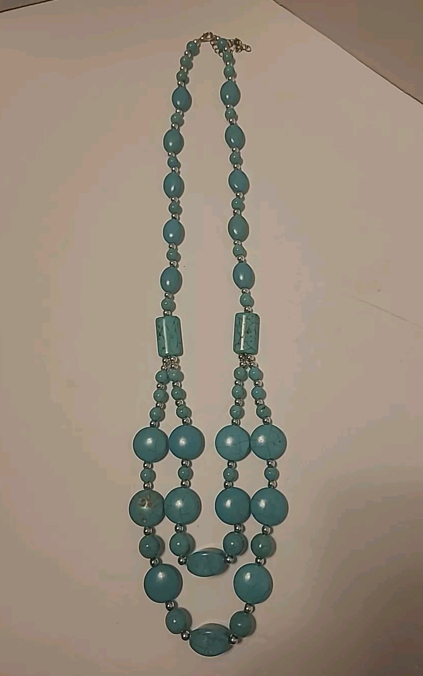 Turquoise Statement Two Row Layered Necklace Adju… - image 1