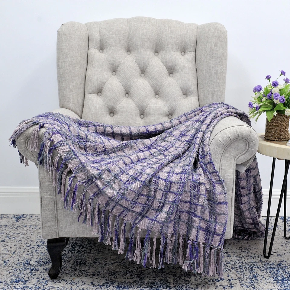 Manta Boho con Borlas Decorativas Multicolor Chenilla Tejida a Cuadros Foto 4 de 4