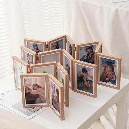 1pc Desktop Photo Frame Combination Wooden Folding Triplex Folding Photo Frame - Picture 5 of 14