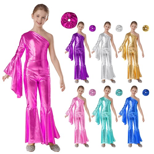 Kids Girls Jumpsuit One Shoulder Romper Sparkle Outfit Invisible Zipper Fashion - Picture 2 of 64
