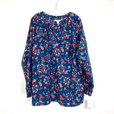 NEW Croft & Barrow Popover Blouse Size 2X Cotton Navy Red Orange Long Sleeve