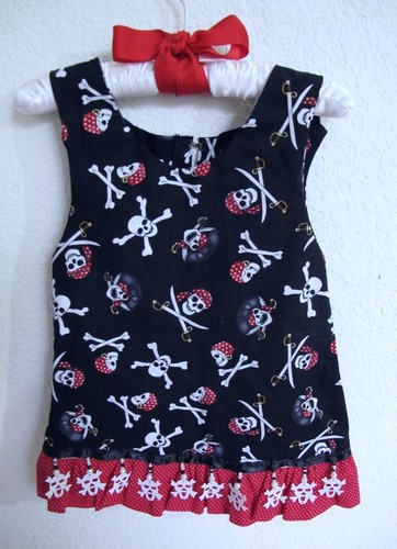 Pirate Baby Girl Dress Jumper 3-6 mo One of a Kind Handmade Ruffle Beads Red Blk - Picture 2 of 9