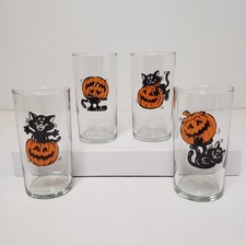 Lot Of 4 Vintage Halloween Black Cat Pumpkin 8oz Drinking Glasses Jack O Lantern