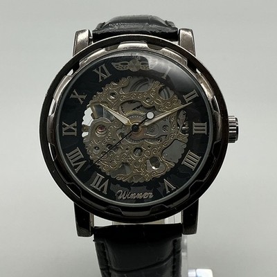 Winner Mens Watch 40mm Skeleton Black Dial Black Leather Stainless Manual Wind