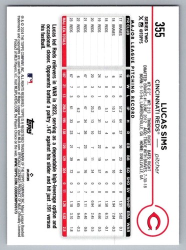 2024 Topps Lucas Sims Cincinnati Reds #355 - Picture 2 of 2