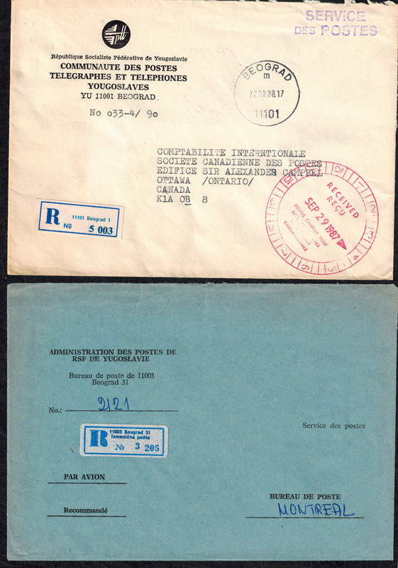 Yugoslavia 1987 3 Official Registered Airmail Covers to Canada For Postal Charge