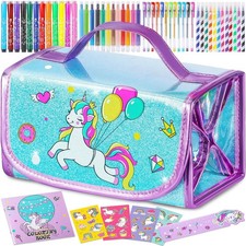 Washable Markers Set with Glitter Unicorn Pencil Case, Art Supplies for Kids ...