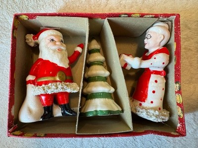VTG Kreiss Christmas M/M Claus & box 1959 Japan Unique Trio w/Spaghetti Trim MCM