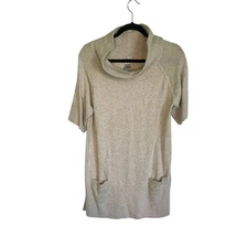 Chico's Gray Cream Short Sleeve Cowl Neck Sweater Tunic Angora Blend Size Large