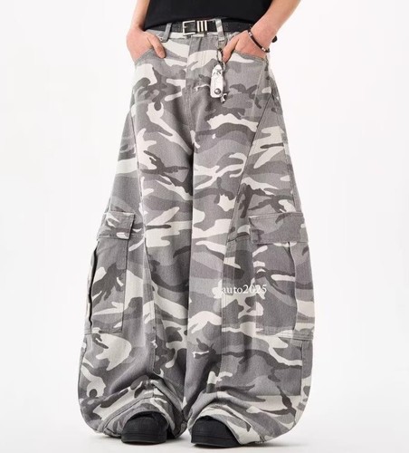 Men's Gray Camouflage Wide Leg Loose Fit Cargo Pockets Pants Trousers Hip Hop - Picture 12 of 25