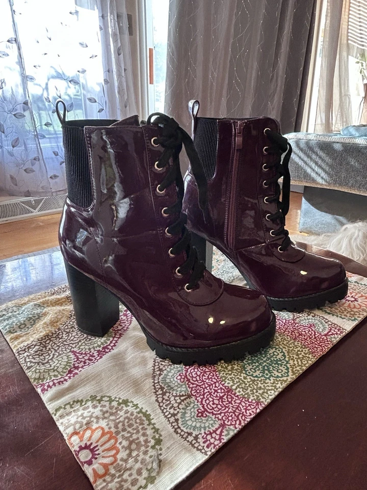 Top Moda Botas de Combate Salto Alto Chunky Zíper Lug Plataforma Vinho Couro Patente - Imagem 3 de 4