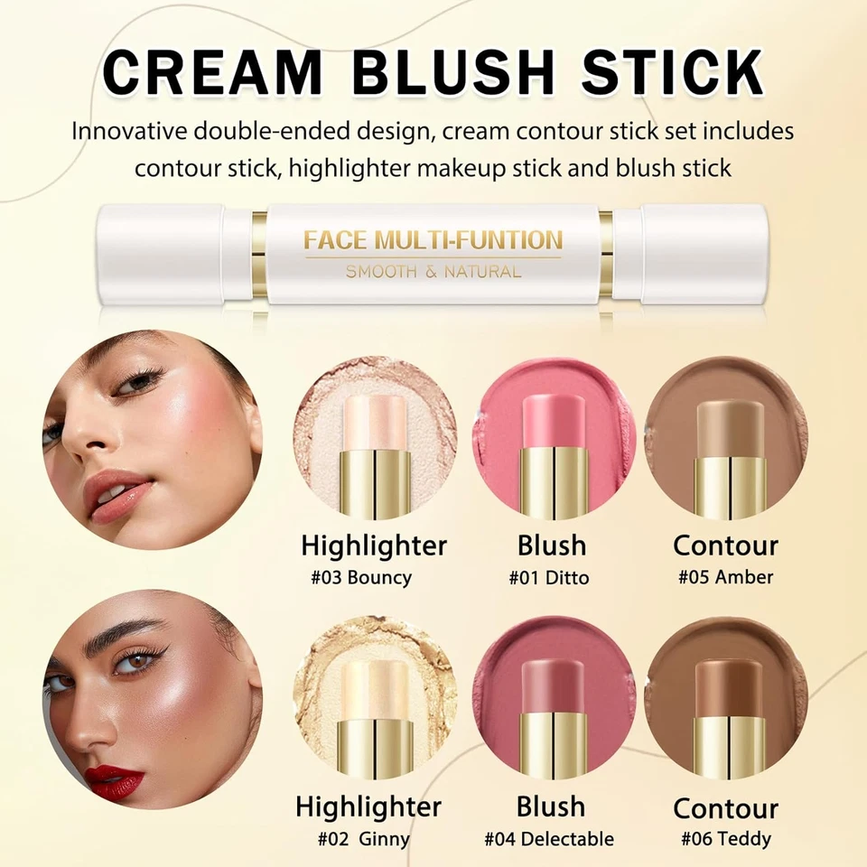 6 Colors Cream Contour Stick Makeup Kit, Double-Ended Cream Highlighter Stick Br - Image 3 of 4