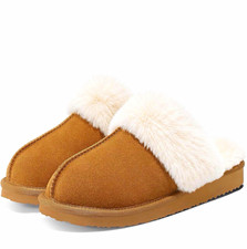 Women  s Brown Faux Suede Slip-On Slippers Faux Fur Lined Memory Foam 8