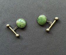 Antique 830 Silver Green Nephrite Jade Bar Link Cufflinks Vint. Euro 83 Hallmark