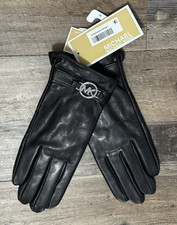 NWT Michael Kors Black Leather Gloves Silver MK Logo Tech Touch Screen Sz Medium