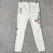 Free People High Rise Jeans Size 29 Embroidered Flower Print Button Skinny