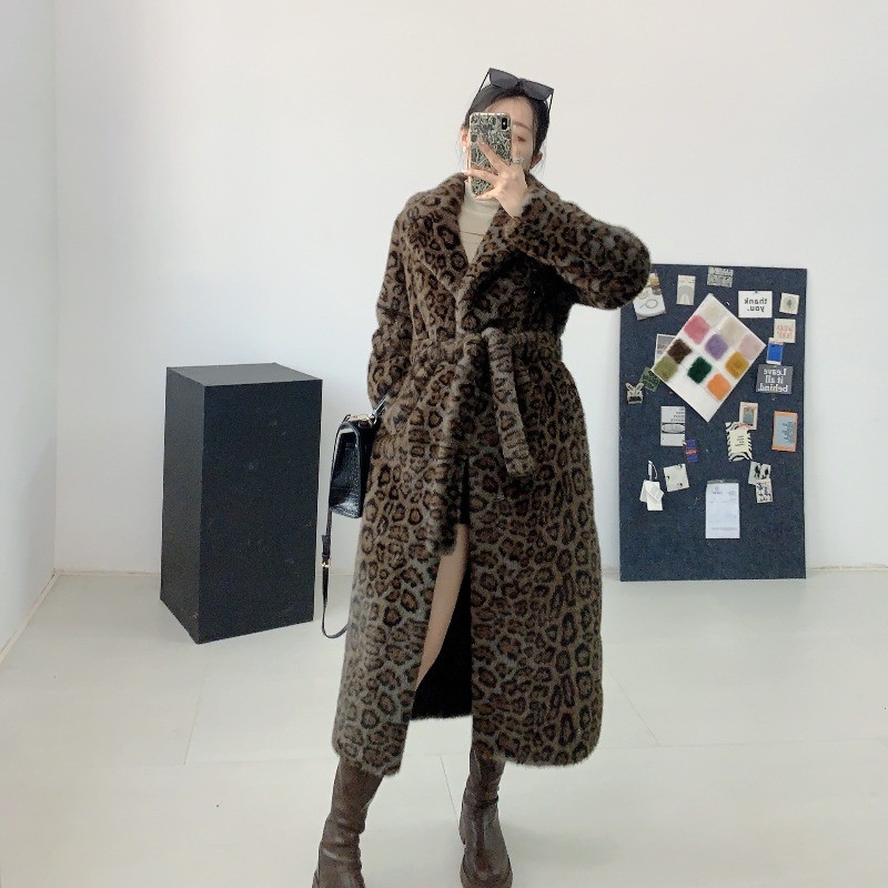Winter New Coat Mink Fur Leopard Print Long Jacket Women's with Belted Jackets
