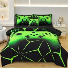 4 Pcs Gaming Comforter Sets for Boys, Cool Green Lightnings Full Gamer Beddin...