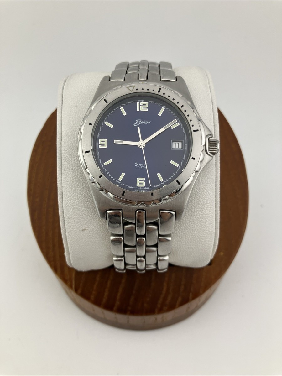 Belair Men 39mm Diver Watch Seapearl Silver Tone Blue Dial Date