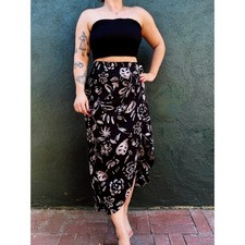 90s Vintage Black abstract floral print wrap skirt Sz SM