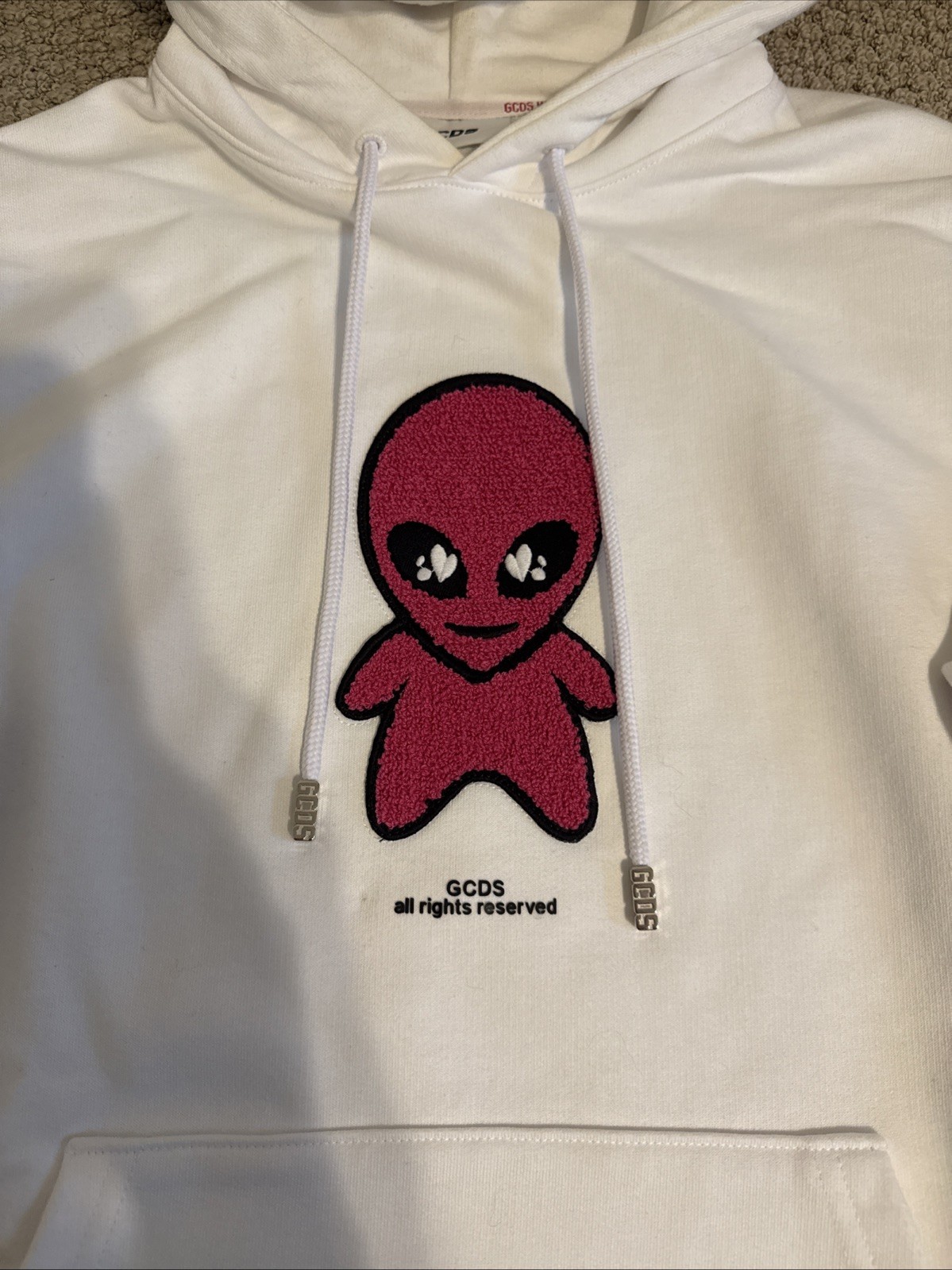 GCDS White Wirdo Cotton Alien-patch Drawstring Ho… - image 2