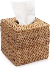 Rattan Tissue Box Cover Natural Woven Facial Napkin Holder Square (Natural, 5.5X