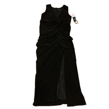 BETSY & ADAM Black Cascade Ruffle Deep V-Neck SleevelessStretch Jersey Gown 18 W
