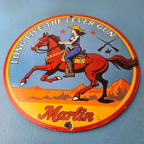 Vintage Marlin Firearms Porcelain Sign - Long Live Lever Gun Advertisement Sign